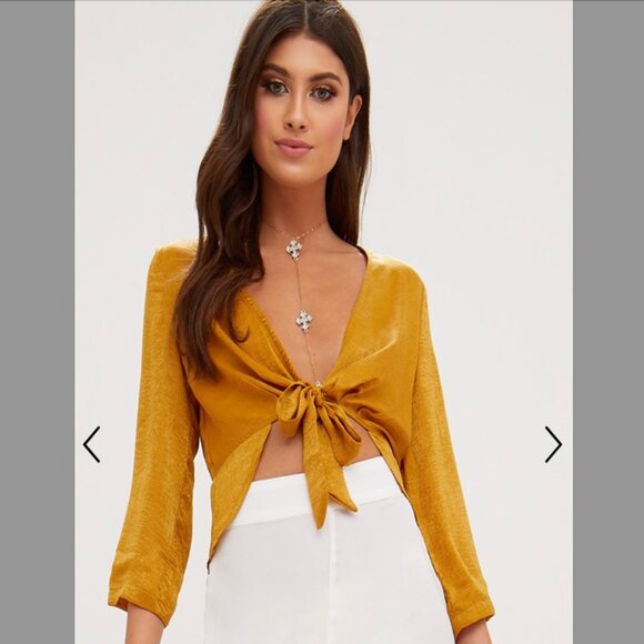 Pretty Little Thing Mustard Hammered Satin Tie Front Frill Crop Top - size US 6 - Picture 1 of 4
